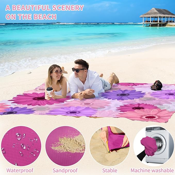 BYDOLL Beach Blanket Waterproof Sandproof 78''×81'' Suits1-4 Adults Compact Lightweight Oversized Sand-Free Blanket Large Picnic Mat for Beach Travel Camping Hiking