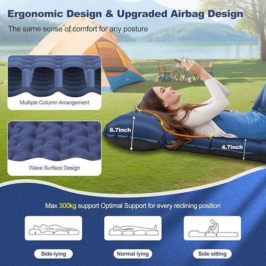 Camping Sleeping Pad, 50D Extra Thickness 4.7 Inch Inflatable Sleeping Mat Lightweight Waterproof Camping with Built-in Pump Air Mattress for Backpacking, Hiking, Tent, Traveling (Blue+Grey)