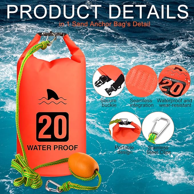 2 Set 20L Sand Anchor Heavy Duty Buoy Kit 2 in 1 Kayak Anchor Floating Waterproof Dry Bag with High Visibility Float Rope for Lake Beach Boat Hiking Camping Water Sports Surfing Kayaking(Orange)