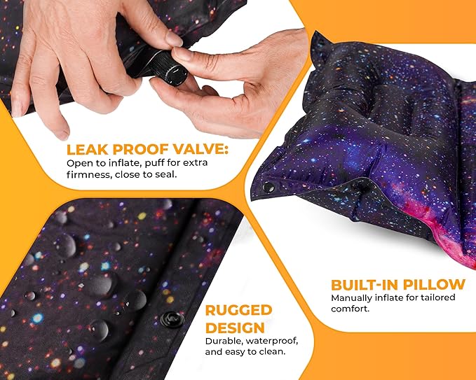 Foxelli Self Inflating Sleeping Pad for Camping, Backpacking, Hiking, Insulated Foam Lightweight Camping Mat, Inflatable Camp Mattress with Pillow