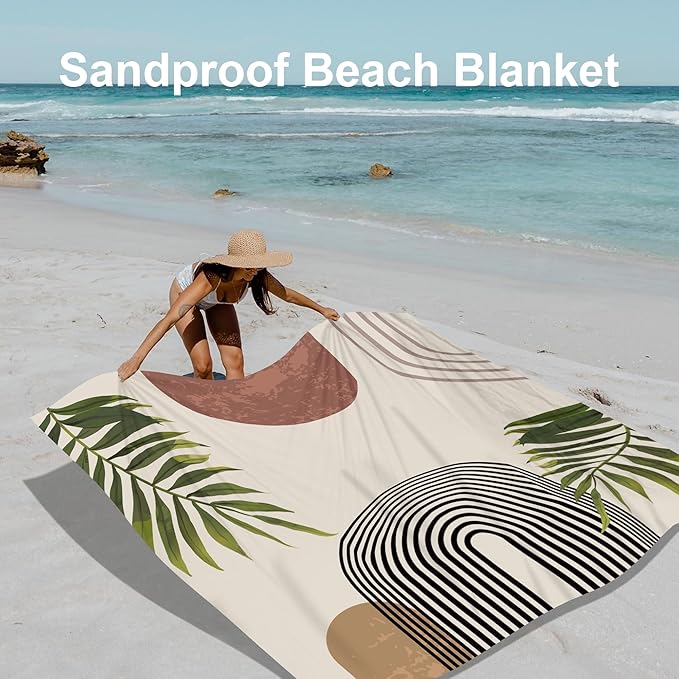 Bohemian Beach Blanket Waterproof Sandproof, 110''×118'' Oversized Sand Free Beach Mat 8 Adults, Polyester Lightweight Compact Picnic Blanket w/ 4 Stakes for Travel, Camping, Hiking - Rainbow Leaves