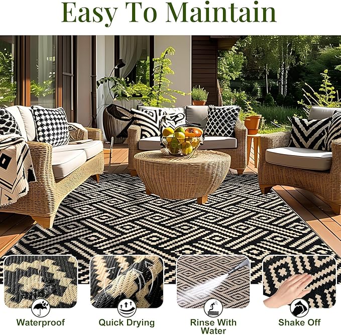 OPPODREAM Outdoor Rug 4x6 Ft, Waterproof Outdoor Plastic Straw Rug for Patio, Reversible Out Door Carpet for Camping, Deck, Rv, 4 x 6 Area Carpet for Balcony, Porch, Backyard, Black and Beige