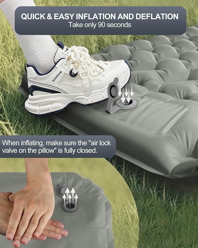 Inflatable Camping Sleeping Pad with Pillow & Foot Pump, 3"x79"x26" Single Camping Air Mattress, Compact Roll-Up, Quick-Dry & Durable Sleeping Mat for Backpacking, Hiking, Tent, Travel – Grey