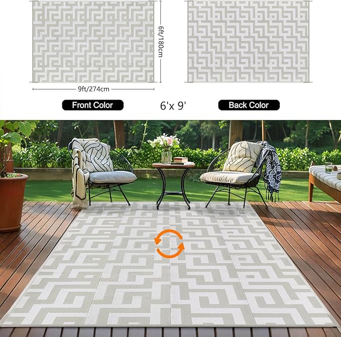 Outdoor Patio Plastic Straw Rug - 6'x9' Outdoor Camping Rug Waterproof Reversible, Area Carpet Patios Clearance RV, Outside Porch Balcony Deck for Camper, Grey & White