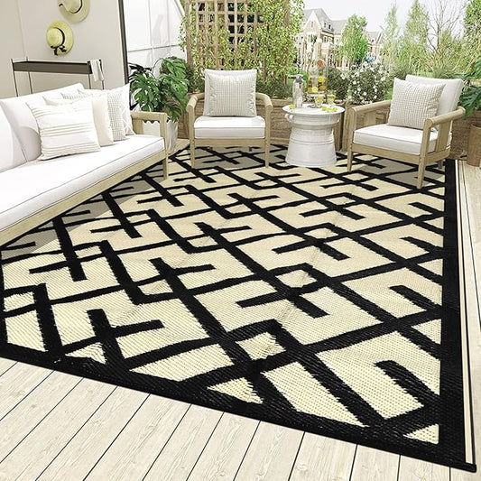 LILIOFFIC Outdoor Rugs - Reversible Mats, 9'x12' Plastic Straw Rug for Patio Clearance Waterproof, Indoor Outdoor Area Rug Carpet for Outside, RV, Deck, Picnic, Beach, Trailer, Camping, Black & Beige