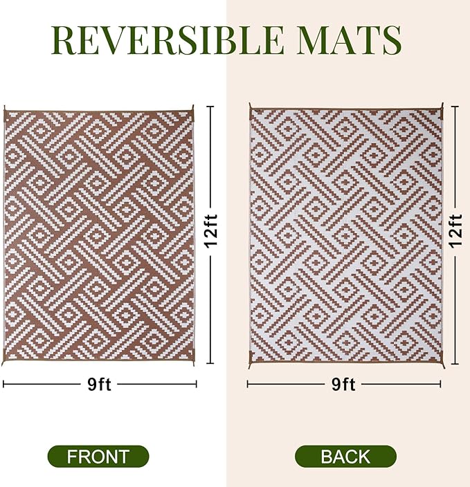 OPPODREAM Outdoor Rug 9x12 Patio Waterproof, Large Outdoor Plastic Straw Rug, Reversible Out Door Carpet for Camping, Deck, Rv, 9 x 12 Area Carpet for Balcony, Porch, Backyard, White and Brown