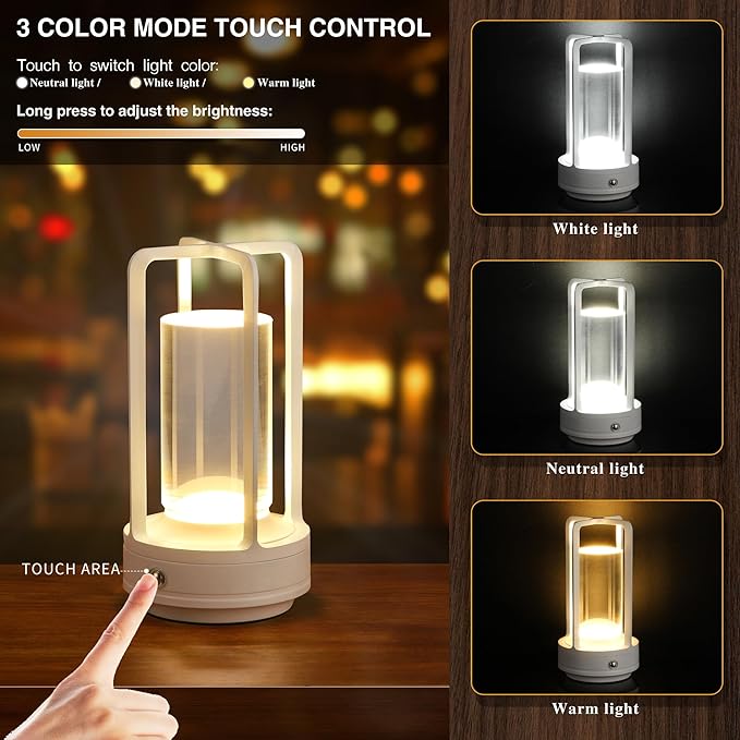 Portable Metal Table Lamp, Cordless Table Lamp, Rechargeable Battery Powered Portable LED Desk Lamp, 3 Color Stepless Dimming Touch, for Bedroom Restaurant Home Outdoor (White)