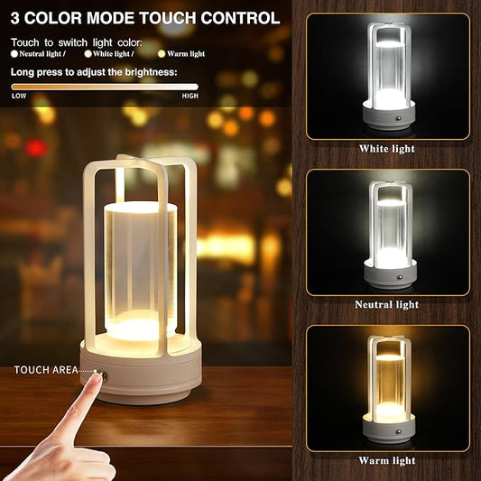 Portable Metal Table Lamp, Cordless Table Lamp, Rechargeable Battery Powered Portable LED Desk Lamp, 3 Color Stepless Dimming Touch, for Bedroom Restaurant Home Outdoor (White)