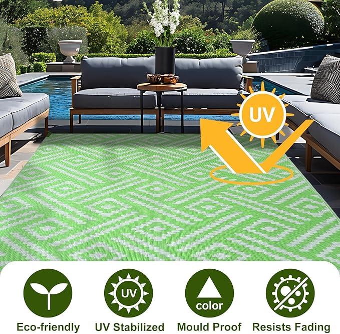OPPODREAM Outdoor Rug 5x8 Ft, Waterproof Outdoor Plastic Straw Rug for Patio, Reversible Out Door Carpet for Camping, Deck, Rv, 5 x 8 Area Carpet for Balcony, Porch, Backyard, White and Green