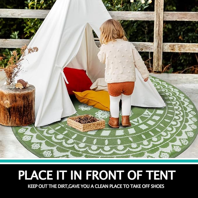 Capslpad 6Ft Round Outdoor Rug for Patios Clearance Reversible Mat Plastic Straw Patio Rugs Lightweight RV Camping Mat Circle Outside Area Rug Carpet for Balcony Deck Trailer Picnic BBQ,Green