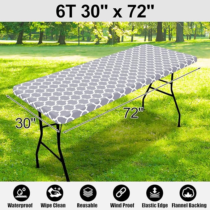 Smiry Rectangle Picnic Table Cover, Waterproof Elastic Fitted Camping Tablecloths for 6 Foot Tables, Wipeable Flannel Backed Vinyl Tablecloth Protector for Indoor, Outdoor (Grey, 30x72 Inches)