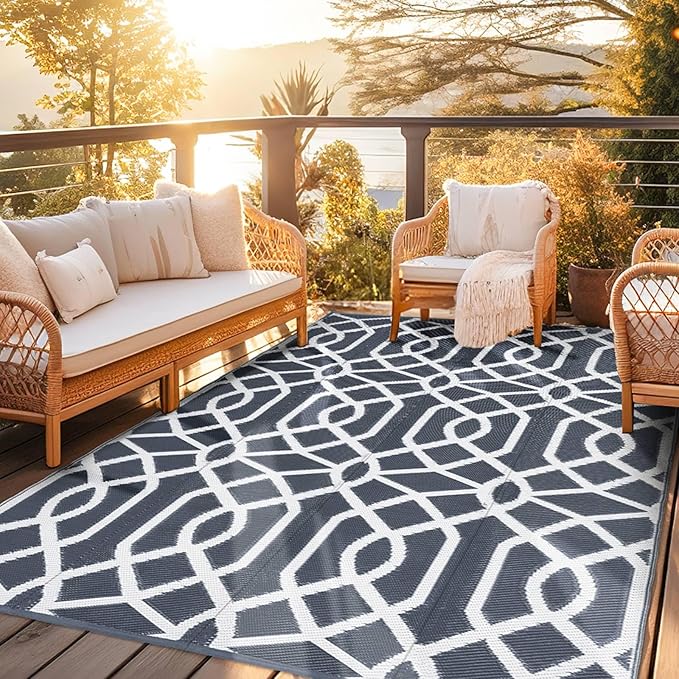 wikiwiki Outdoor Rug, 5x8ft Waterproof Reversible Mat Indoor Outdoor Rugs Carpet, Small Area Rug Plastic Straw Rug for Patio Deck Balcony Pool RV Camping Beach Picnic, Grey, Rugscape Series