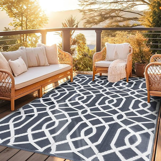 wikiwiki Outdoor Rug, 5x8ft Waterproof Reversible Mat Indoor Outdoor Rugs Carpet, Small Area Rug Plastic Straw Rug for Patio Deck Balcony Pool RV Camping Beach Picnic, Grey, Rugscape Series
