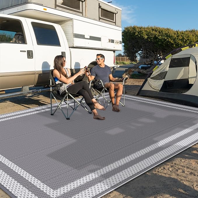 HappyTrends,Outdoor Rug,Patio Rug,Reversible Portable Plastic Straw Rug,Camping Rugs for Outside RV,Large Waterproof Area Rugs for Patio,Deck,Picnic,Porch,Balcony(6'x 9',White&Gray)