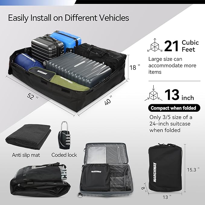 MARCHWAY Waterproof Car Roof Luggage Bag, Weatherproof Soft Shell Rooftop Cargo Carrier Bag for Vehicles with or Without Rack. 6 Door Hooks, Anti Slip Mat, Lock Included (21 Cubic Feet, Blue)