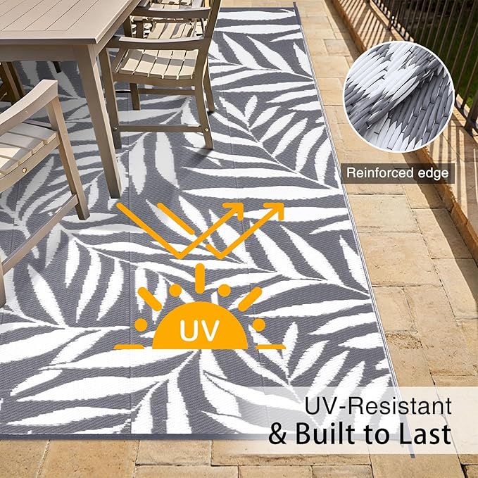 OLANLY Waterproof Outdoor Rug 9x12 ft, Reversible Outdoor Plastic Straw Rug with Leaf Pattern, RV Mat, Indoor Outdoor Carpet for Patio, Camping, Balcony, Deck, Backyard, Grey & White