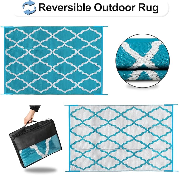 OutdoorLines Outdoor Plastic Area Rugs for Patio 4x6 ft - Reversible Outside Carpet, Stain & UV Resistant RV Mats, Straw Rug for Camping, Deck Garden, Porch and Balcony, Moroccan Teal & Light Grey