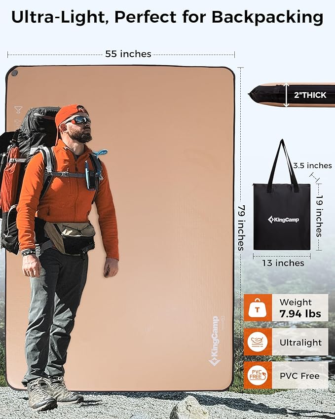 KingCamp Backpacking Sleeping Pad, Double Ultralight Inflatable Sleeping Mat for Camping Portable Noise-Free Air Mattress for Hiking, Tent, Cot & Car Travel