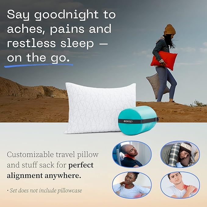 Coop Home Goods Original Travel and Camping Adjustable Pillow, Small Camping Pillow with Compressible Stuff Sack, Medium-Firm Memory Foam with Lulltra Washable Cover, CertiPUR-US Certified (19x13)