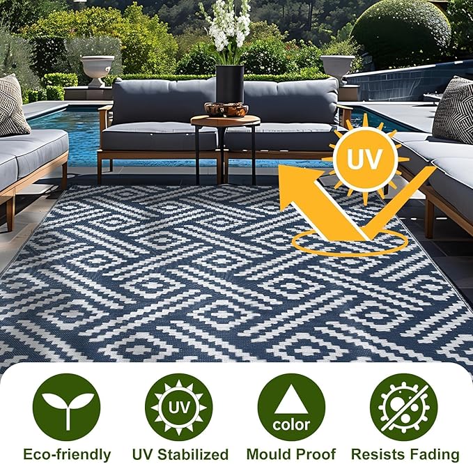 OPPODREAM Outdoor Rug 8x10 Patio Waterproof, Large Outdoor Plastic Straw Rug, Reversible Out Door Carpet for Camping, Deck, Rv, 8 x 10 Area Carpet for Balcony, Porch, Backyard, White and Navy Blue