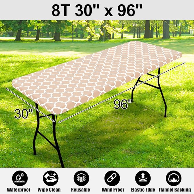 Smiry Rectangle Picnic Table Cover, Waterproof Elastic Fitted Camping Tablecloths for 8 Foot Tables, Wipeable Flannel Backed Vinyl Tablecloth Protector for Indoor, Outdoor (Khaki, 30x96 Inches)