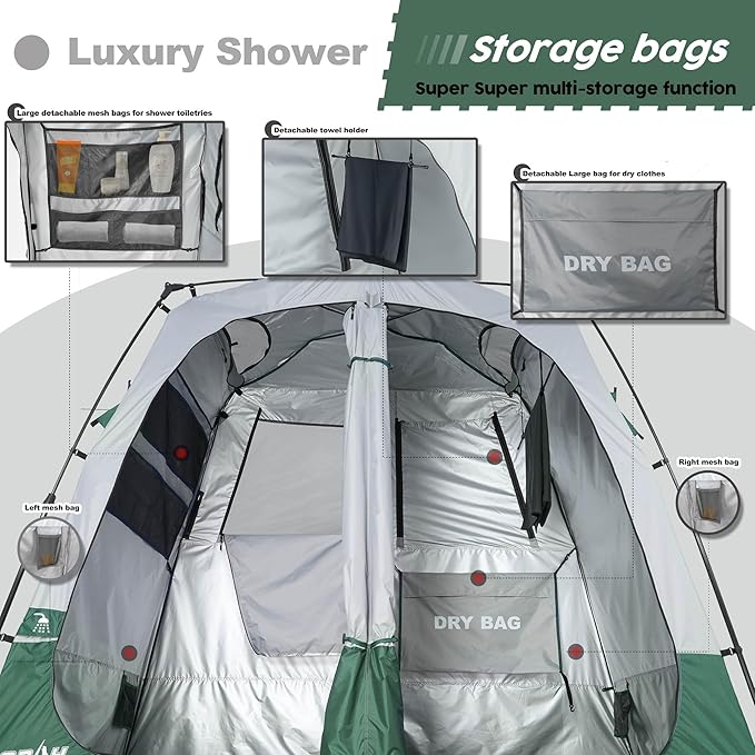 Camping Shower Tent Deluxe Changing Room Easy Set Up Privacy Shelter,Large Toilet Tent 2 Rooms with Floor Drain Design for Beach, Camping,Hiking with Stakes and Ropes for Stability