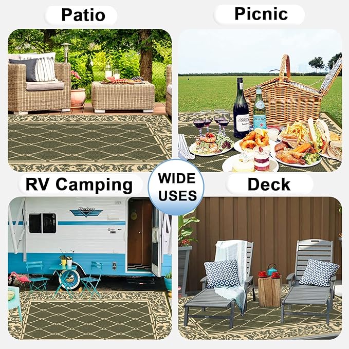 OutdoorLines Indoor Outdoor Rugs for Patio 5x8 ft - Reversible Outside Carpet, Stain & UV Resistant Portable RV Mat, Plastic Straw Rug for Camping, Pool Deck, Porch Rhombus Deep Lichen Green & Vanilla
