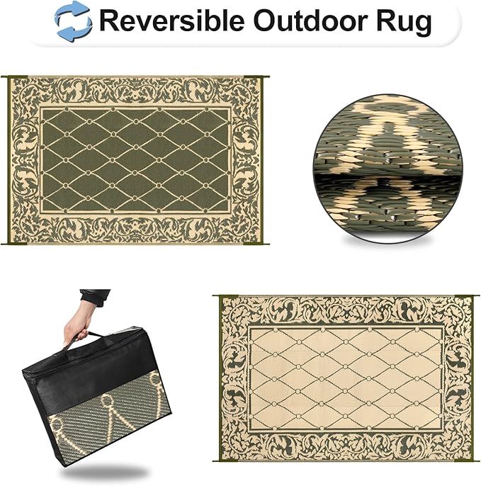 OutdoorLines Indoor Outdoor Rugs for Patio 5x8 ft - Reversible Outside Carpet, Stain & UV Resistant Portable RV Mat, Plastic Straw Rug for Camping, Pool Deck, Porch Rhombus Deep Lichen Green & Vanilla