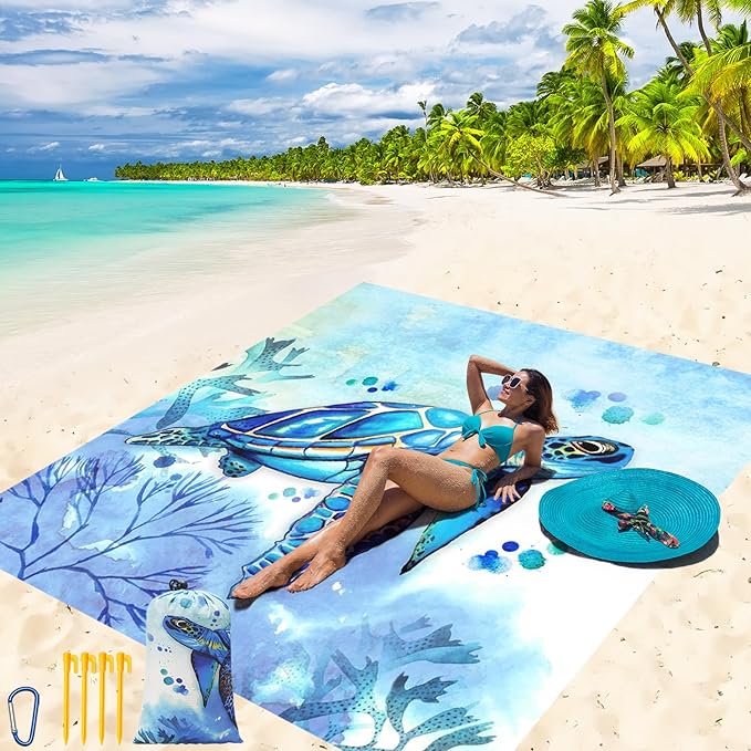 Beach Blanket Waterproof Sandproof Beach Mat 79" X 83" /10'x9'for 2-8 Adults Quick Drying Outdoor Picnic Mat Beach Accessories for Travel, Camping, Hiking