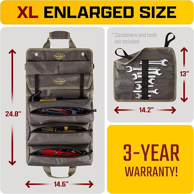 The Ryker PRO Roll Up Tool Bag Organizer - Personalized Customized Name Gifts for Him/Men/Dad Gifts Roll Up Small Tool Bag Organizer Tools Bags gift for Mechanic, Electrician & Hobbyist