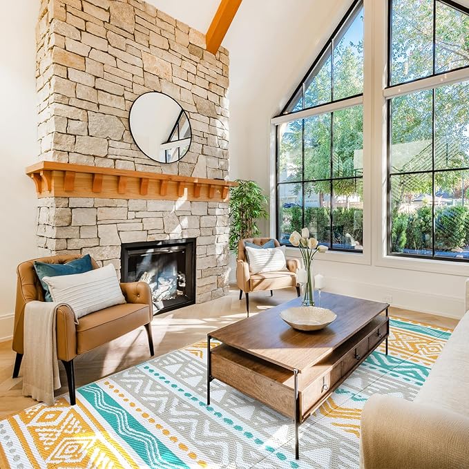 Lahome Waterproof Outdoor Rug 9x12, Reversible Outdoor Plastic Straw Rug for Patio, RV Camping Rugs Picnic Mat Outside, Large Outdoor Carpet for Beach Deck Backyard(Blue/Yellow,9'x 12')