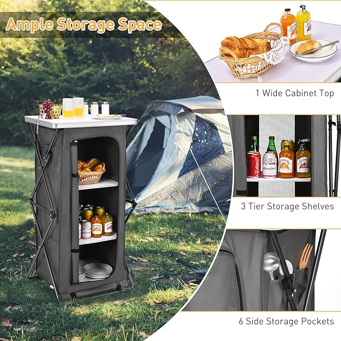 Goplus Folding Camping Storage Cabinet, Pop Up Outdoor Camping Kitchen Station with Large 3-Tier Storage Organizer, Carry Bag, Easy Set Up Portable Compact Camping Table for BBQ Picnic Backyard (47'')