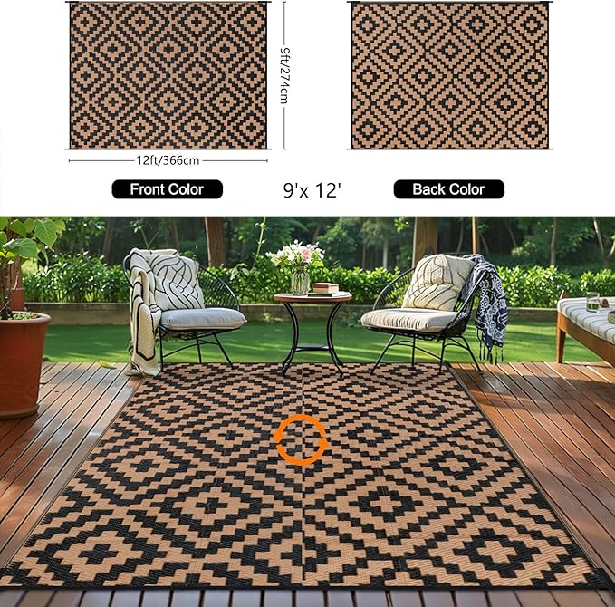 Outdoor Patio Plastic Straw Rug - 9'x12' Outdoor Camping Rug Waterproof Reversible, Area Carpet Patios Clearance RV, Outside Porch Balcony Deck for Camper, Black & Brown