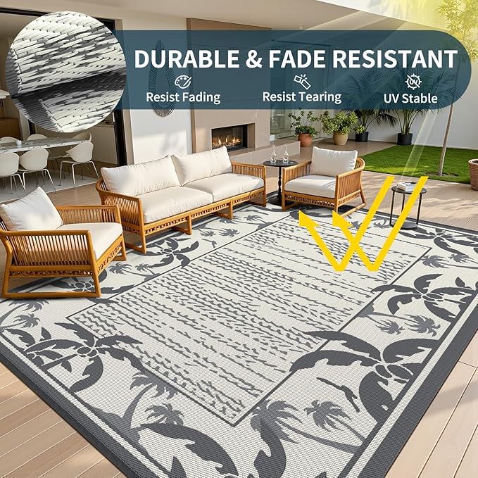 COCOER Outdoor-Rug 5x8 ft Waterproof Reversible Outdoor Plastic Straw Rug RV Indoor Outdoor Carpet Quick Dry Patio Rug Camping Mat for Balcony Backyard Picnic Beach-Grey&Beige