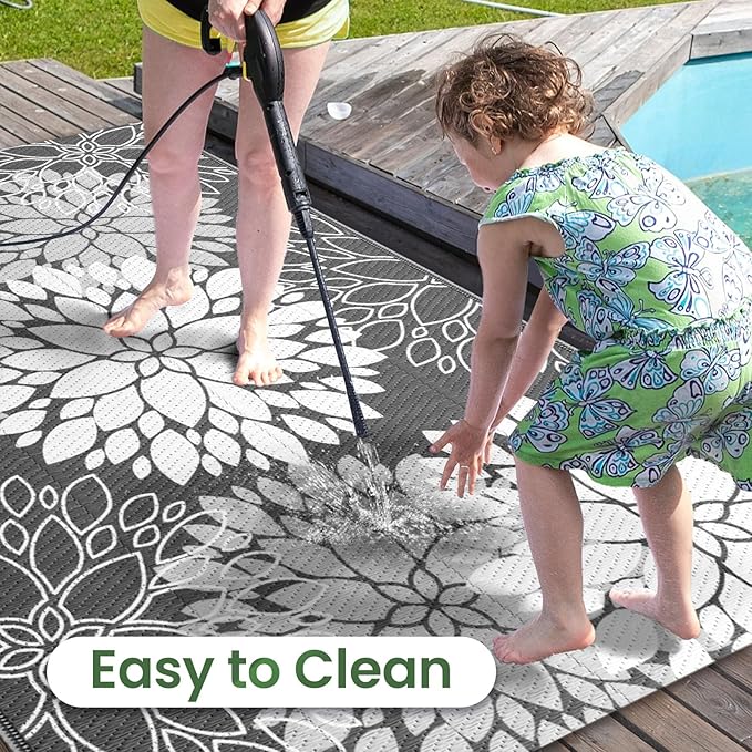 LuxStep Outdoor Rug Waterproof Outdoor Plastic Straw Rug Reversible Patio Rug Mat Outdoor Decor Large Area Mats for RV, Picnic, Backyard, Deck, Balcony, Porch, Beach, Camping, 5'x 8',Grey