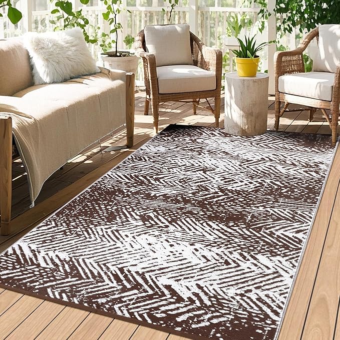 Outdoor Patio Rugs 4x6, Waterproof Reversible Outdoor Plastic Straw Rug Brown, RV Camping Mats UV-Resistant Outside Carpet Portable Area Mat for Garden Balcony Deck Picnic Beach Porch