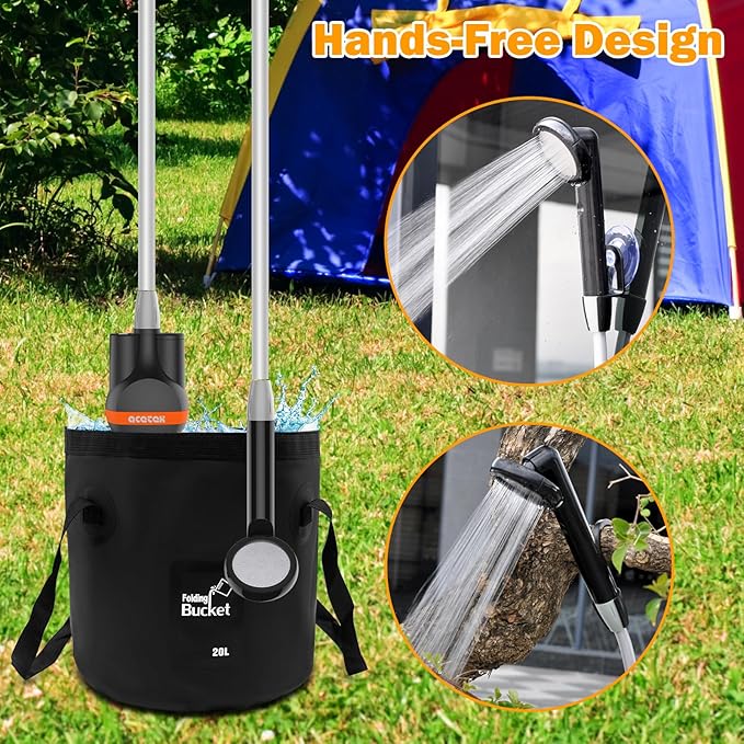 Portable Shower Camping Shower, Outdoor Camp Shower Pump with 5 Gallons Collapsible Bucket, Rechargeable Shower Battery Powered Handheld Shower Head kit for Camping, Beach Washing, Pet Cleaning