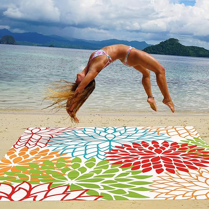 Large Beach Blanket Waterproof Sandproof, 78''×86'' Foldable Picnic Blankets for 4 Adults with Stakes and Sand Pocket, Colorful Blossoms Pattern Beach Mat Vacation Essentials Accessories Must Haves