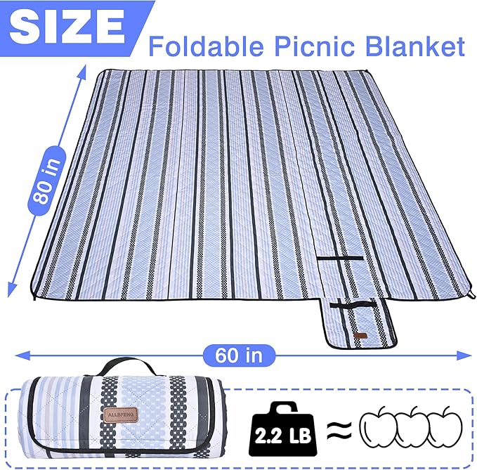 Oversized Waterproof Picnic Mat, Outdoor Beach Mat. Suitable for Camping, Outdoor, Beach, Party and Concert. (Dark Green & Light Blue, 80" * 60")