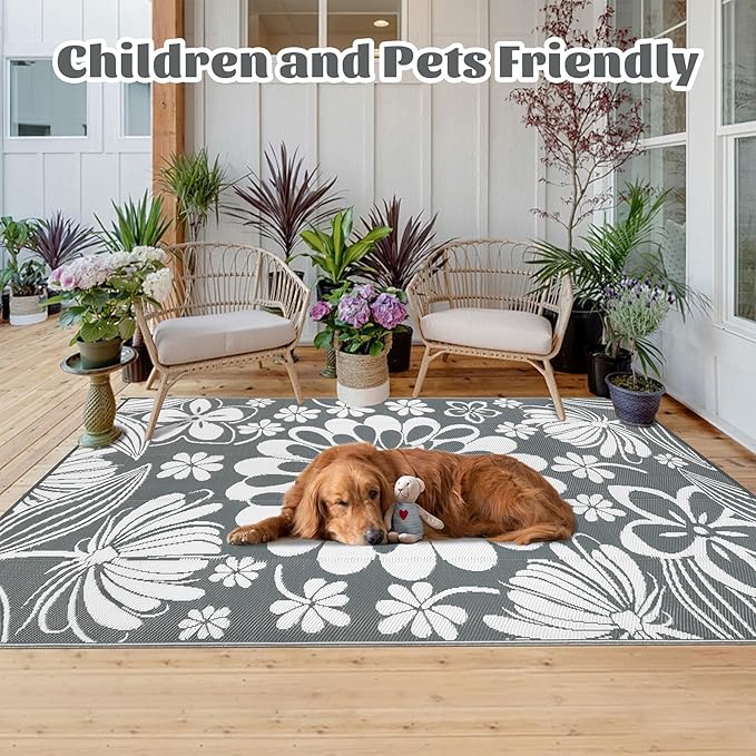 Ileading Outdoor Plastic Straw Rug 5x8ft Funny Floral Style Reversible Patio Area Rugs Waterproof Non Shedding Portable Carpets for Rv Outside Deck Pool Beach Picnic Camping (Grey)