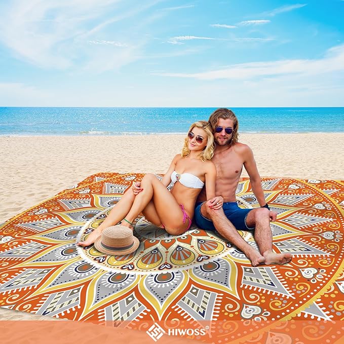 Beach Blanket Waterproof Sandproof Oversized 95”x 80”,Sand Free Beach Mat with Corner Pockets,Portable Mesh Bag for Beach Festival,Picnic,Travel and Outdoor Camping (Orangegrey)