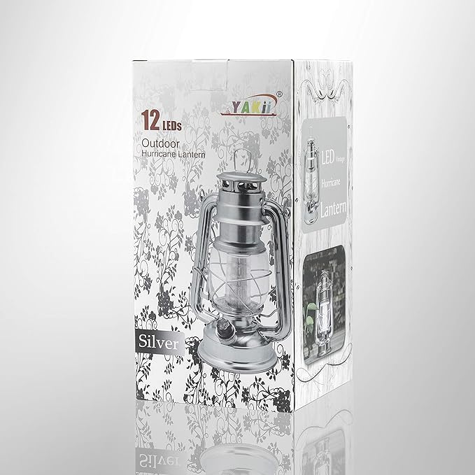 YAKii LED Vintage Metal Hanging Hurricane Lantern - 12 LED Dimmer Switch Cold White Battery Operated for Power Outage Indoor Camping Lighting Outdoor Brooklyn (Silver 2 Pack)