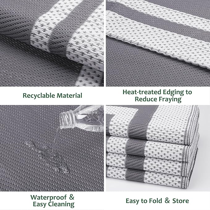 HappyTrends Outdoor Rug Reversible Portable Plastic Straw Camping Rugs for Outside RV,Large Waterproof Outdoor Area Rugs for Patio,Deck,Porch,Balcony(8'x 10',White&Gray)