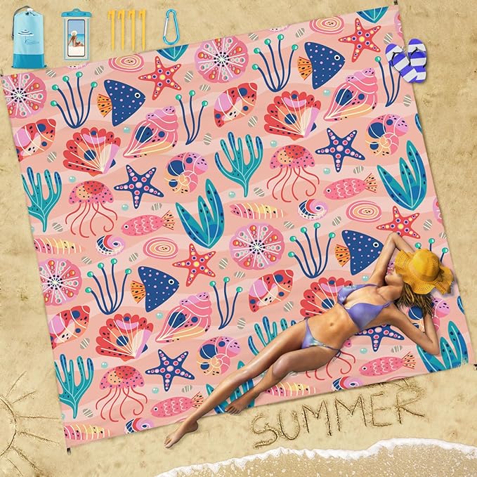 Beach Blanket Sandproof Waterproof 78''×81''1-5Adults Oversized,Compact Lightweight Durable Beach Mat for Travel Camping Hiking Picnic Blanket