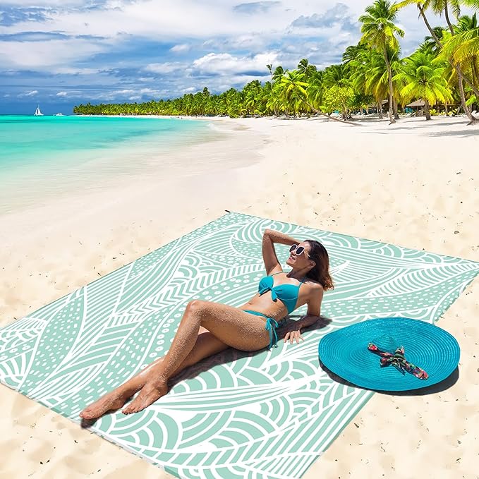 Beach Blanket Waterproof Sandproof Beach Mat 79”x 83” for 1-4 Adults Quick Drying Durable Outdoor Picnic Mat for Beach Festival Travel Picnic Camping Hiking (LBL-Ripple, 79"×108"(6 Person))