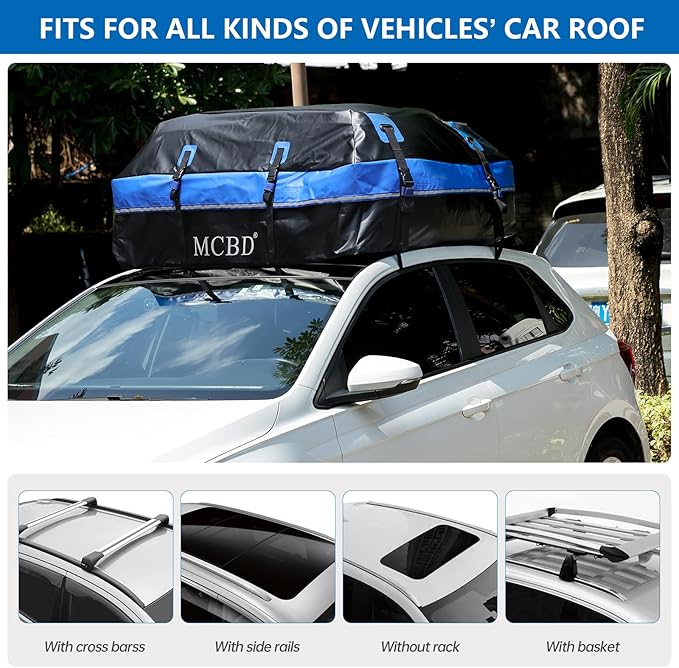 Rooftop Cargo Carrier Bag, 15 Cubic Feet Soft-Shell Waterproof Car Roof Luggage Bag for All Vehicles SUV with/Without Rails, Includes 10 Reinforced Straps + 4 Door Hooks,Storage Bag,Anti-Slip Mat,Blue