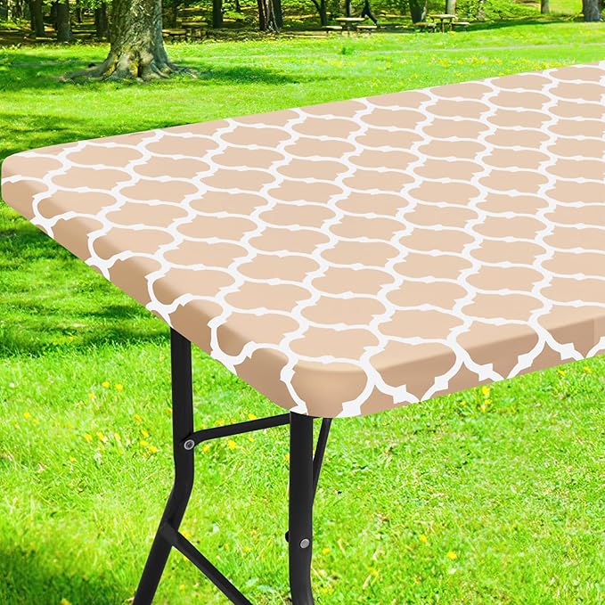 Smiry Rectangle Picnic Table Cover, Waterproof Elastic Fitted Camping Tablecloths for 5 Foot Tables, Wipeable Flannel Backed Vinyl Tablecloth Protector for Indoor, Outdoor (Khaki, 36x60 Inches)