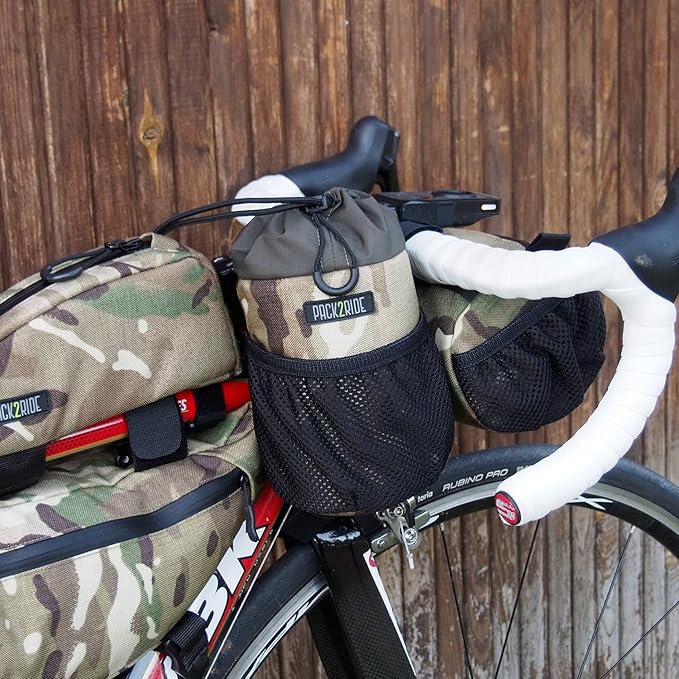Bongo Bike Handlebar Bag - Water Resistant & Durable Fabric Bicycle Water Bottle Holder, Secure Attachment Bikepacking Stem Bag, Front Biking Storage, Bike Organizer for Cycling - Camo