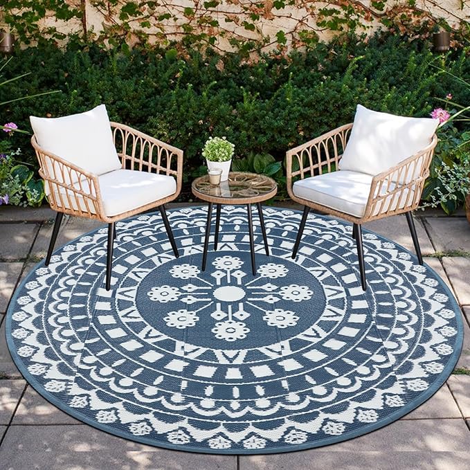 Capslpad 6Ft Round Outdoor Rug for Patios Clearance Reversible Mat Plastic Straw Patio Rugs Lightweight RV Camping Mat Circle Outside Area Rug Carpet for Balcony Deck Trailer Picnic,Blue