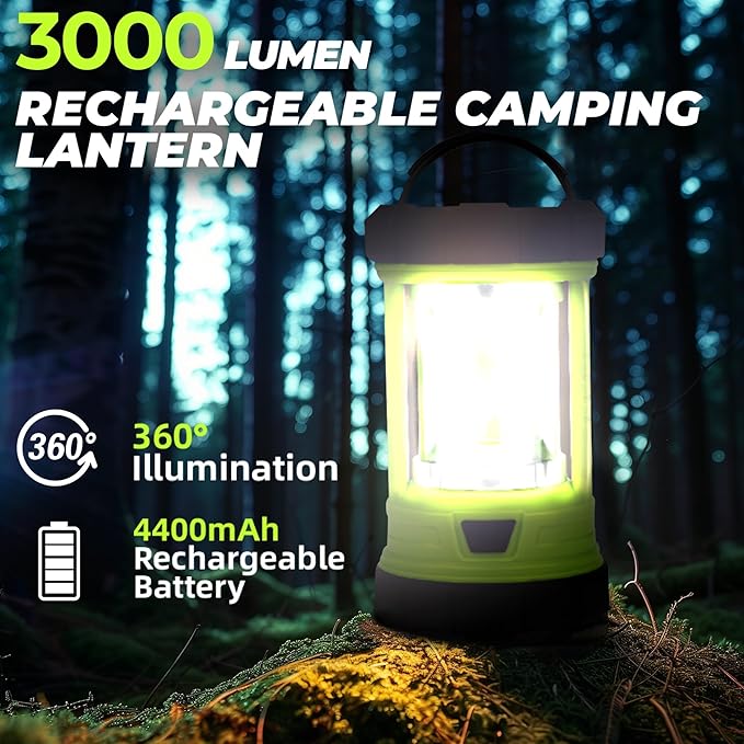 Rechargeable Camping Lantern, 3000LM 5 Light Modes Camping Light 4400 Capacity Phone Charger LED Impact-Resistant Flashlight Lantern Portable Waterproof Hurricane Lanterns for Emergency